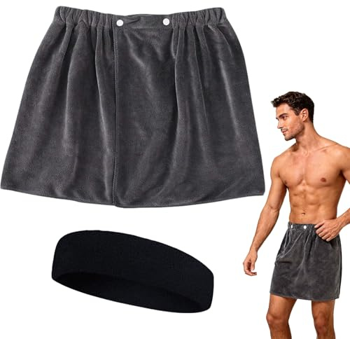 JYJLLM Saunakilt Herren Set mit 1 Saunahandtuch 40x150 cm Grau + 1 Stirnband Schwarz, Sauna Kilt für Männer mit Verstellbarem Bund, Saunatuch für Sauna, Schwimmbad, Fitness, Strand und Sportbekleidun