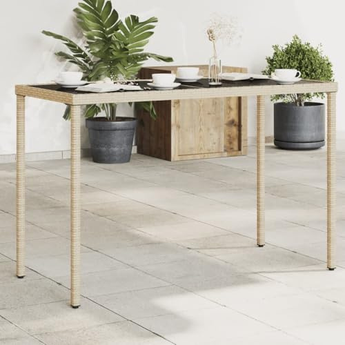 zylophax Gartentisch mit Glasplatte aus PE-Rattan und pulverbeschichtetem Stahl 115x54x74 cm beige wetterfest für Terrasse Balkon Outdoor Loungetisch robust und pflegeleicht