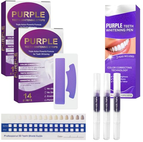 28 Piezas Purple Whitening Strips (Para 14 Aplicaciones), 3 Piezas Lapiz Blanqueador Dental, Elimina Manchas, Blanquea Los Dientes, Contiene Guía De Colores Para Blanqueamiento