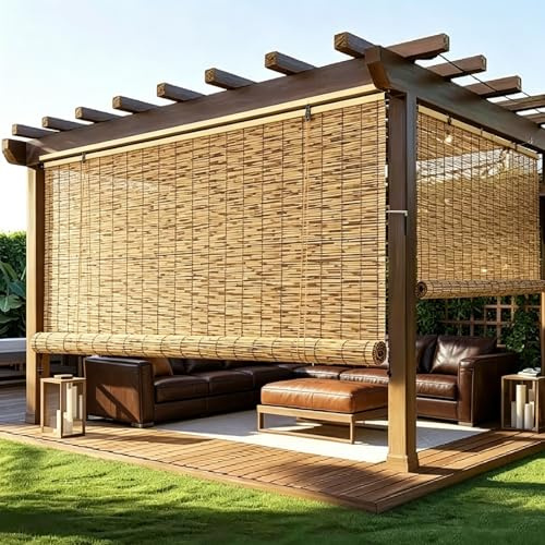 Store Enrouleur en Bambou Exterieur, Stores Occultant sans Percage, Rideau Bambou Intimité 50 60 80 100 120 150 180 200 cm, Rideau de Roseau Liftable avec Levage(W140 cm x H220 cm)