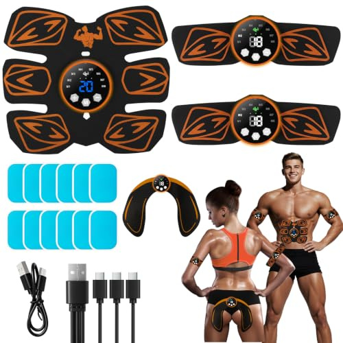 EMS Muscle Stimulator, ABS Trainer, Abdominal Muscle Toner Electronic Workout Home Fitness Device with 8 Modes,29 Intensities,4 Machines,4 Patches,12 Gel,For Abdominal/Arm/Leg/Hip Training - Orange