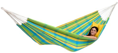 AMAZONAS Barbados - Klassische brasilianische XL Hängematte für 2 Personen | Handgefertigt, aus recycelten Materialien | Liegefläche 230x150cm | Belastbar bis 200 kg | Farbe: Lemon