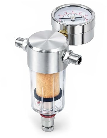Wiltec Airbrush Kompressor Minifilter, 9,51 mm Gewinde (1/8), Luftfilter mit Wasserabscheider und Manometer, Airbrush Zubehör