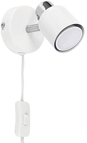 MiniSun | Modern White and Chrome Single Adjustable Wall Spotlight with Plug, Cable and Switch | Wall Spotlights, Home Décor & Improvement Essential | Includes Bulb [Cool White]