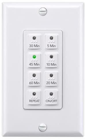 BN-LINK Countdown Digital Wall Timer Switch for Exhaust Fan with Push Button 5-10-20-30-45-60mins, Bathroom Fan Light Switch Timer Indoor, Neutral Required, Wall Plate Included, White, ETL Listed