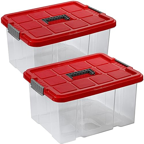 ARTECSIS® 2 x Kunststoffkisten 27L mit Deckel (stapelbar, groß) rot - Transport & Lagerbox (Gr. L 44 x 35 x 24 cm) - Aufbewahrungsbox & Lagerkiste aus Kunststoff - Ordnungsbox & Transportkiste