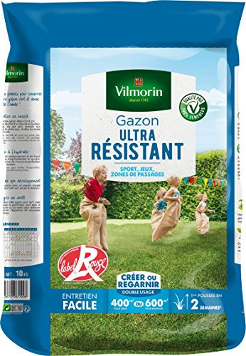 VILMORIN - Gazon Ultra-Résistant - Premières pousses dès 2 semaines - Pour terrains de sport, de jeux ou zones de passage - Pour Créer un nouveau gazon/regarnir un gazon ancien - 10 Kg
