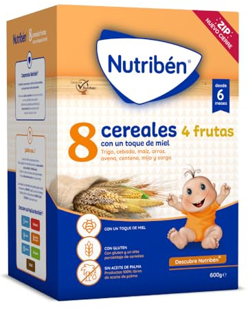 Nutribén Papilla 8 Cereales con un toque de Miel y 4 Frutas | 3600g | Alimento para Bebés a partir de 6 meses | Sin azúcares añadidos | Sin aceite de palma | Paquete de 6 unidades de 600g