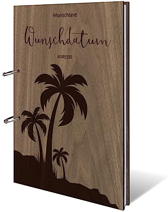 Ferienwohnung Gästebuch Nussbaum Holzcover mit individueller Gravur inkl. 72 Naturpapier Blätter DIN A4 hoch 215 x 302 mm - Palmen