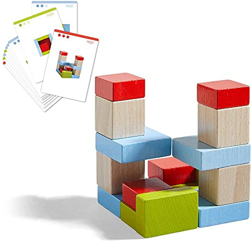 HABA 305455 - 3D - Legespiel Vier mal vier, bunte Holzbausteine zum Legen und Stapeln, 16 Bausteine in 4 Farben, 16 Vorlagekarten zum Nachbauen, Spielzeug ab 3 Jahren