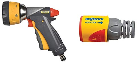 Hozelock Multi Spray Ultramax Gun, Grey/Yellow, 16x10x8 cm & AquaStop Connector Plus (12.5mm & 15mm)