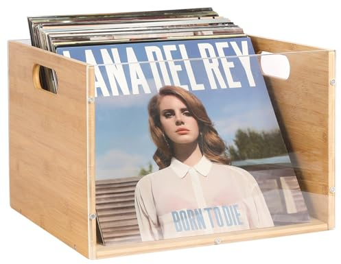 X-cosrack Vinyl Record Storage Crate, Visible Acrylic & Bamboo Vinyl Record Holder with Handle, Record Crates for Vinyl LP Album Magazine, Cube Box Storage and Organizer, Easy to Assemble