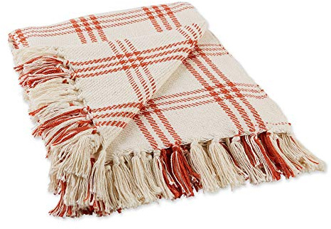 DII Modern Farmhouse Plaid Collection Cotton Fringe Throw Blanket, 50x60, White/Vintage Red