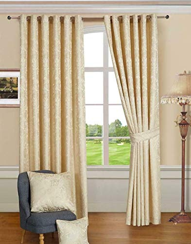 Quality Readymade Fully Lined Jacquard Curtain Ring Top Eyelet Curtain Pair With Tiebacks (Beige, 66 x 72 Inch)