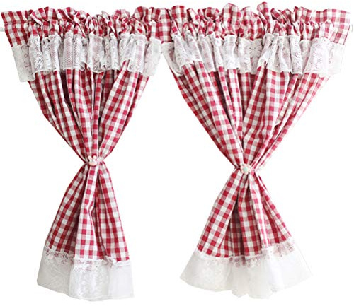 ACMHNC Scheibengardine Landhaus Vintage, Karierte Küche Gardine mit Spitze, Kurzstores Gardinen Kleinfenster Kurz Bistrogardine 2er Set,W x H 115x70cm