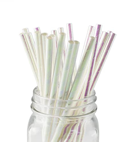 Iridescent White Paper Straws, Clinquant Swizzle Paper Straws Sparkly Party Display Sticks Cocktail Straws for Birthday, Wedding Iridescent Decoration, Box of 100, 7.75 inch