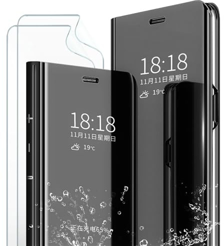MLOTECH kompatibel für Samsung Galaxy S22 Ultra Hülle,Handyhülle + Schutzfolie[2 Stück] Flip Transluzent View Miroir Cover Anti-Schock Spiegel Standfunktion Schutzhülle Schwarz