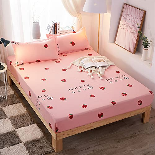 Morbuy Spannbettlaken klassisch Muster Spannbetttuch Weiche Mikrofaser Boxspringbett Bettlaken Geeignet für Matratzen Boxspringbett Bis 22cm Höhe mit 2 Kissenbezug (150x200cm,Erdbeere)