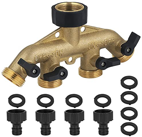 Fippy 4 Vías Adaptador de grifo Conector de grifo de latón macizo, Divisor de manguera de jardín con Válvulas Individuales On-Off, 3/4 manguera de latón grifo colector