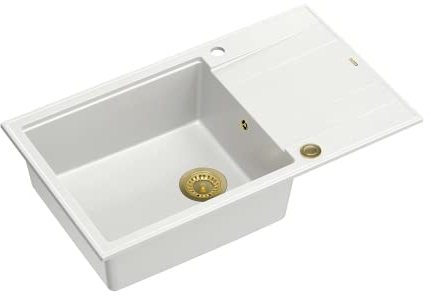 QUADRON Evier Blanc + Or Pvd | Taille 86 x 50 x 21 cm | Granit Evier en granit EVAN 136 XL Evier simple de cuisine | avec siphon manuel et égouttoir | 1 bassin évier encastré