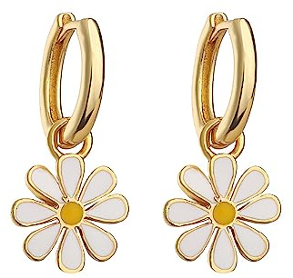 Small Hoop With Daisy Flower Charm Earrings for Women Teen Girls Cartilage Nickel Free Dainty Cute 14K Gold Plated Lucky Flowers Short Dangle Drop Piercing Hinged Huggie Hoops Fashion Jewelry