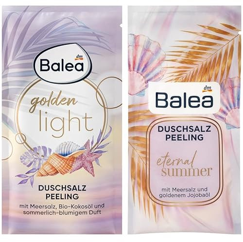 Balea 2er-Set Duschsalzpeeling: GOLDEN LIGHT Körperpeeling mit Meersalz, Bio Kokosöl & sommerlich-blumigem Duft (60 g) + ETERNAL SUMMER Peeling sanfte Hautreinigung mit goldenem Jojobaöl (60 g), 120 g