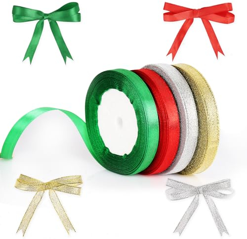 Christmas Geschenkband Weihnachten Rot/Grün/Gold/Silber 22m x 4 Rollen, 10mm Schleifenband Weihnachten Satinband, Weihnachtsschleifen Dekoband für Hochzeit Geburtstag Verpackung Basteln Dekoration