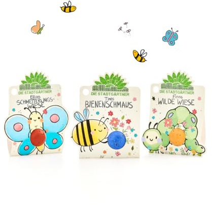 Die Stadtgärtner Blumenmurmel | Ellas Schmetterlingswiese, Finns Wilde Wiese und Timos Bienenschmaus: 3 handgerollte Blumenmurmeln mit Wildblumen-Saatgut | 100% ökologisch & min. 2 J. haltbar