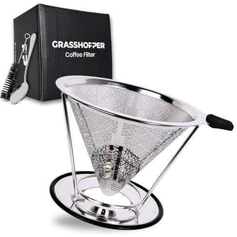 GRASSHOPPER Edelstahl Kaffeefilter wiederverwendbar – Pour Over Dauerfilter inkl. Bürste & Löffel | Für Chemex, Hario, Bodum | Papierfrei, spülmaschinengeeignet, nachhaltiges Barista-Design