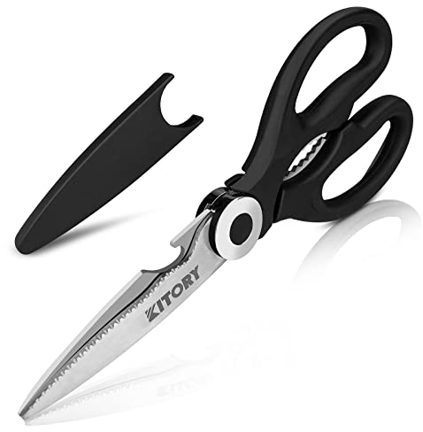 Kitory Küchenschere, Universalschere, Haushaltsschere mit Sägeschliff, 3CR13 Edelstahl, schwarz, 21 cm, Mit Sicherheitsabdeckung, Kunststoffgriff