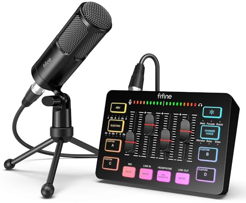 FIFINE Audio Equipment Bundle for Gaming Podcast, Streaming RGB Mixer Set with XLR Dynamic Vocal Microphone, Voice Recording Kit Set with Volume Fader, Individual Control, Mute, Monitoring-KS3