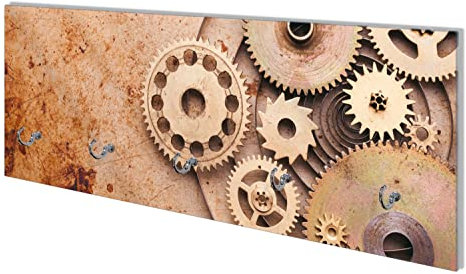 Wallario Wandgarderobe aus Glas in Größe 80 x 30 cm mit Memoboard-Funktion, Motiv: Zahnräder Einer Alten Uhr im Alten Stil | 5 Kleiderhaken zum Aufhängen von Jacken