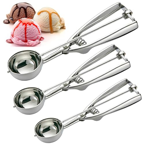 Ice Cream Scoop, 3Pcs Ice Cream Scoop, Stainless Steel Ice Cream Scoop, Ice Cream Spoon with Easy Trigger for Ice Cream, Cookie, Mashed Potato, Meatballs, Melon Balls