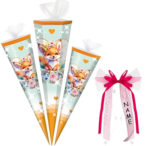 alles-meine.de GmbH Schultüte - mit 3D Glitzer - Effekt ! - süßer Fuchs - 50-85 cm - Größe wählbar - inkl. Name + Verschluß-Schleife - Zuckertüte - Tüll Abschluß - eckig/rund..