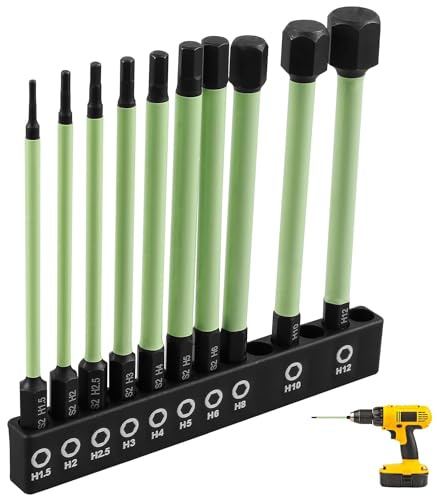 10PCS 1/4 Impact Hex Head Allen Wrench Drill Bits, Metric 1.5MM to 12MM Hex Key Drill Bit Set, Magnetic Tips Screwdriver Socket Bit Set for Nuts Bolts, S2 Steel, New Updated, 100MM