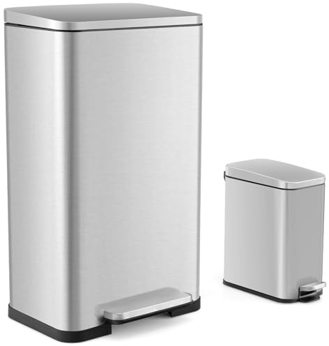 GOPLUS Cubo de basura de acero inoxidable, 40 L + 6 L, juego de cubos de basura con tapa y pedal, cubo de basura ahorra espacio para esquina, cocina, baño, oficina y salón, color plateado