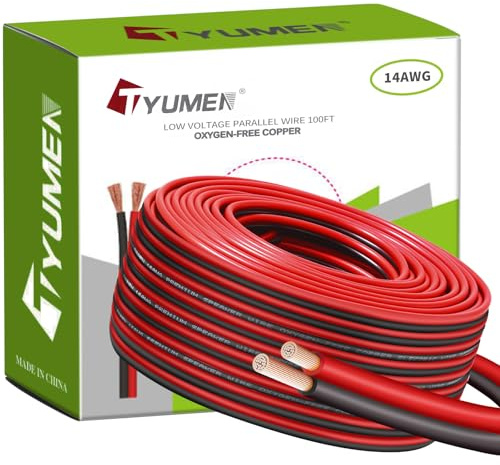 TYUMEN 14 Gauge Wire 100 Feet Pure Copper, 14AWG Red Black Low Voltage/Speaker/Automotive/Electrical Wire, 14 AWG 2 Conductors Stranded Cable for Led Lights, in-Home, Autos use