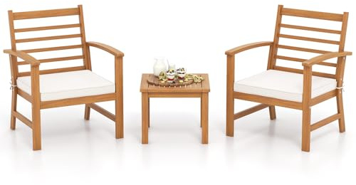GIANTEX 3 TLG. Gartenmöbel Set Akazienholz, Balkonmöbel Terrassenmöbel Set 2 Personen, Gartengarnitur Lounge Set 2 Stühle mit Holztisch, Garten Sitzgruppe Sitzgarnitur Gartenlounge Set inkl. Kissen