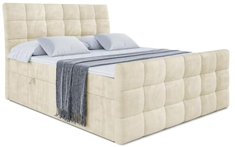 ALTDECOR Boxspringbett mit Matratze und Lattenrost, Boxbett, Fußteil, Topper, Polsterbett mit Bettkasten, Bett mit Stauraum H3-Matratze, Doppelbett, Springboxbett -BRUGO-Z - 120x200 - Beige Monolith