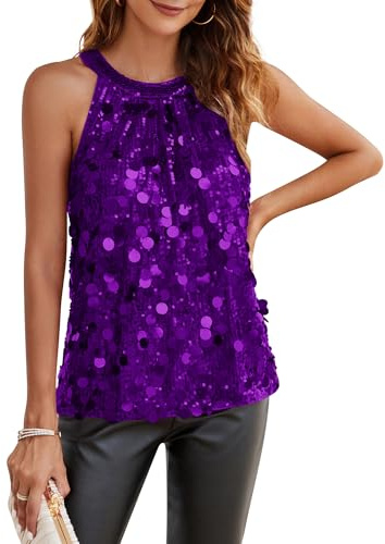 GRACE KARIN Ladies Glitter Sequin Tops Halterneck Sleeveless Evening Top for Going Out Vest Silver Purple M