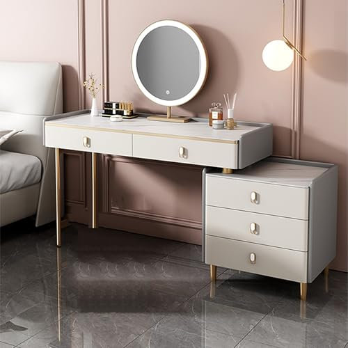 Ernqi Schminktisch Mit Beleuchtetem HD-Spiegel, 3 Beleuchtungsmodi, Schminktisch Mit Links/rechts Installierbaren Schließfach, Schminktisch Mit Stuhl Fürs Schlafzimmer (Gray,B_39.4IN)