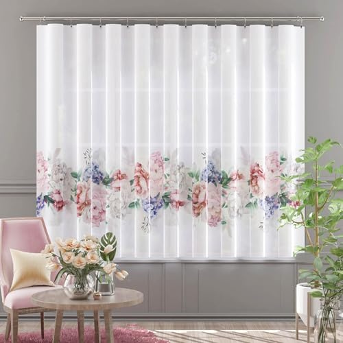 Gardinen Vorhangen Weiß 250x155 cm (BxH) Portelli Premium Stores mit Kräuselband Bleiband Küchengardinen Gardinen Kurz Bunte Blumen Muster Vorhänge Fertiggardine Kurzstores