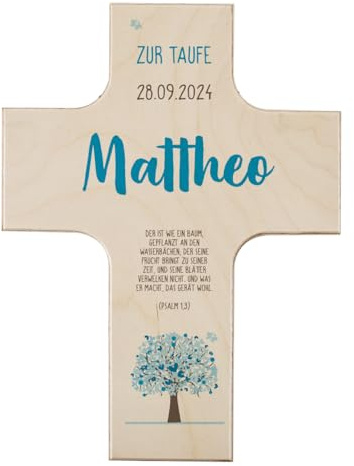 Striefchen® Holzkreuz zur Taufe, Kommunion oder Konfirmation mit Namen (Baum Blau, 14 cm x 19 cm x 1,5 cm)