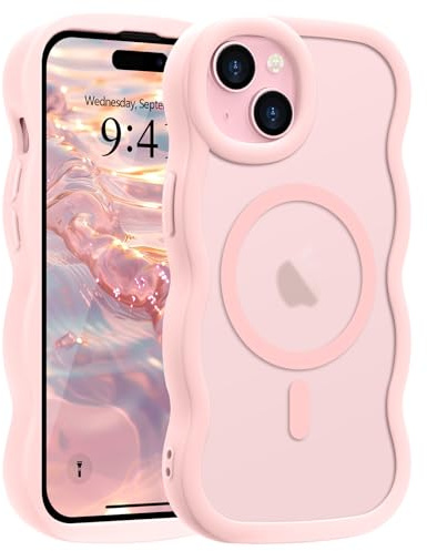 Pepmune Coque pour iPhone 15 Compatible avec Magsafe, Rose | Cadre Vague Bouclée Coque de Téléphone. Translucide Mat Slim Fit Antichoc Housse de Protection pour Femme et Filles.