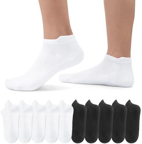 EKSHER 10 par unisex enkla sneakers strumpor med vadderade, korta halvstrumpor kvarts bomull nät andas svart vit, Svart x 5 + vit x 5, 39-42 EU