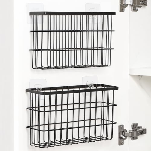 Sinnsally Förvaringsbox för köksskåp, skåp, organiserare, 2 st, vägg och dörr, självhäftande metall kökspapper, organiseringskorg, badrum/låda, små föremål, organiseringsställ (svart)