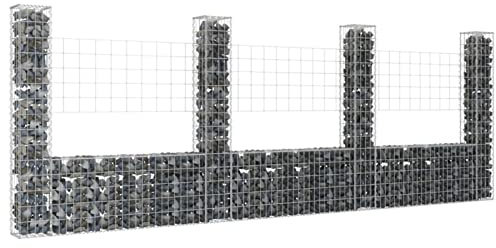 Verderoom Cesto Gabbione a U con 4 Pali in Ferro 380x20x150cm, Gabbione in Rete Metallica, Gabbioni Metallici, Gabbione per Sassi, Gabbioni da Giardino
