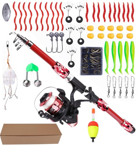 Caña de Pescar | Juego de para niños | 55 Piezas telescópico Ligero Conjunto de con Accesorios para de Agua Dulce en embarcadero Kayak en Perca Tipo de y bagre