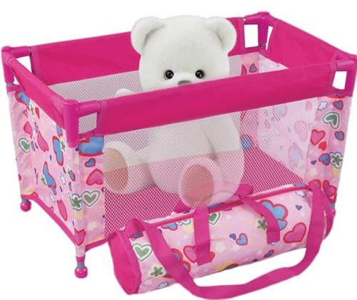 HoveeLuty Berceau pour poupées de 18 Pouces, lit Pliable en Maille pour poupées, Parc pour à Motif cœur, Sac de Transport pour Enfants 3 Ans et Plus.