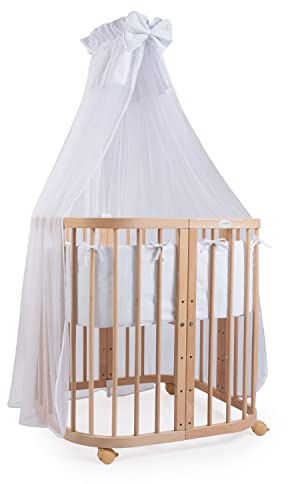 Waldin Babybett aus Holz 7in1 mit Matratze, Mitwachsendes Kinder-Bett, Belüftet, Boden 5-Fach Verstellbar, All-Inclusive-Set, Holz Natur, Stoffe Weiß